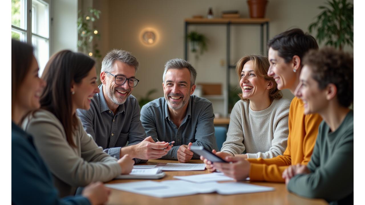 Diverse group of adults 35+ smiling and connecting in a modern, light-filled community center, some holding notebooks or tablets, representing shared wellness journey.