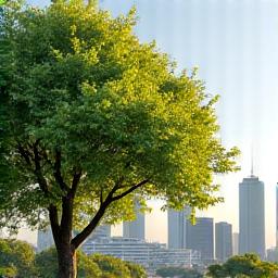 Redwood City skyline with a blooming tree