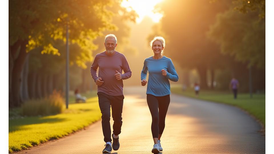 An active senior couple jogging outdoors, symbolizing healthy aging and vitality.