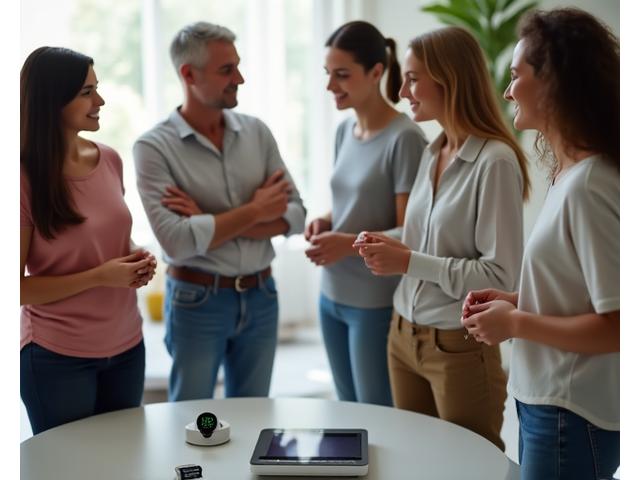 A diverse group of adults using home health monitoring devices like smartwatches and blood pressure cuffs, representing at-home health monitoring and biomarker tracking.