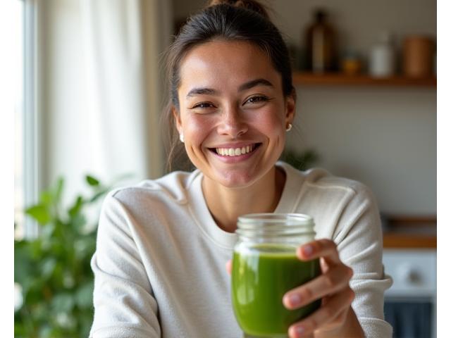 Person looking refreshed and energetic, drinking a healthy smoothie, depicting energy optimization after 35.