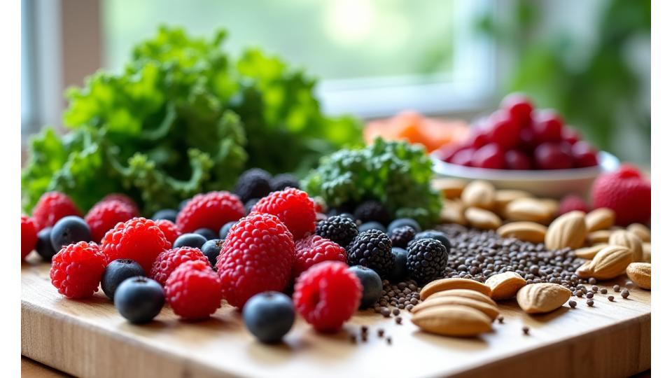 Close-up of vibrant, fresh functional ingredients like berries, kale, and nuts on a wooden cutting board, embodying vitality and gut health.