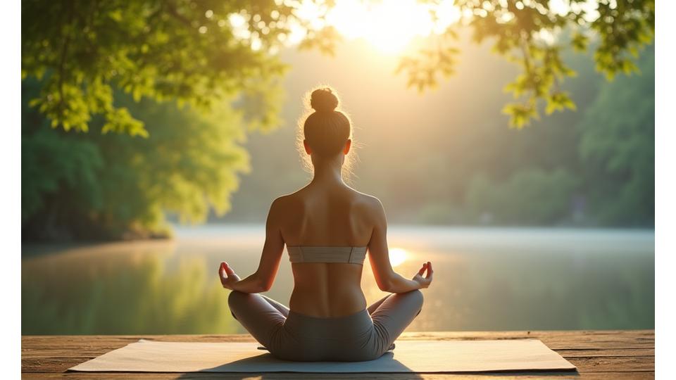 A person practicing mindful meditation in a serene, natural setting, illustrating stress reduction techniques.