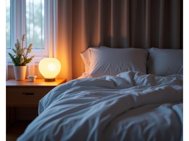 A peaceful bedroom scene with soft lighting, demonstrating sleep optimization for hormonal balance in midlife.