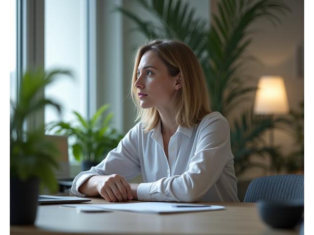 Person calmly working at a desk surrounded by plants, illustrating mindfulness techniques for workplace stress management.