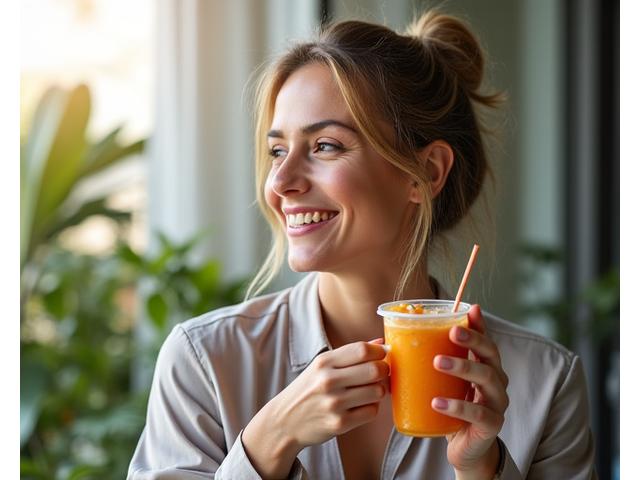 Energetic professional taking a healthy snack break, with vibrant colors.