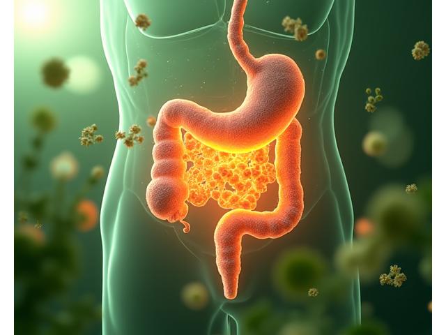 Illustration of gut microbiome with beneficial bacteria and a happy stomach.