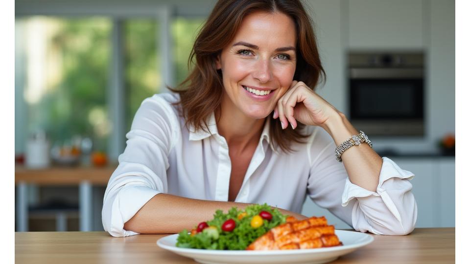 Woman looking thoughtfully at a healthy meal, representing personalized nutrition after 35.