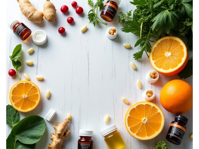 Variety of immune-boosting fruits, vegetables, and supplements on a clean counter.