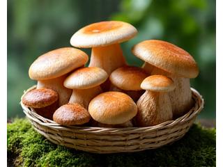 Variety of medicinal mushrooms like Reishi and Lion's Mane in a basket.