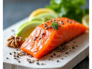 Rich omega-3 sources: salmon, walnuts, chia seeds on a wooden board.