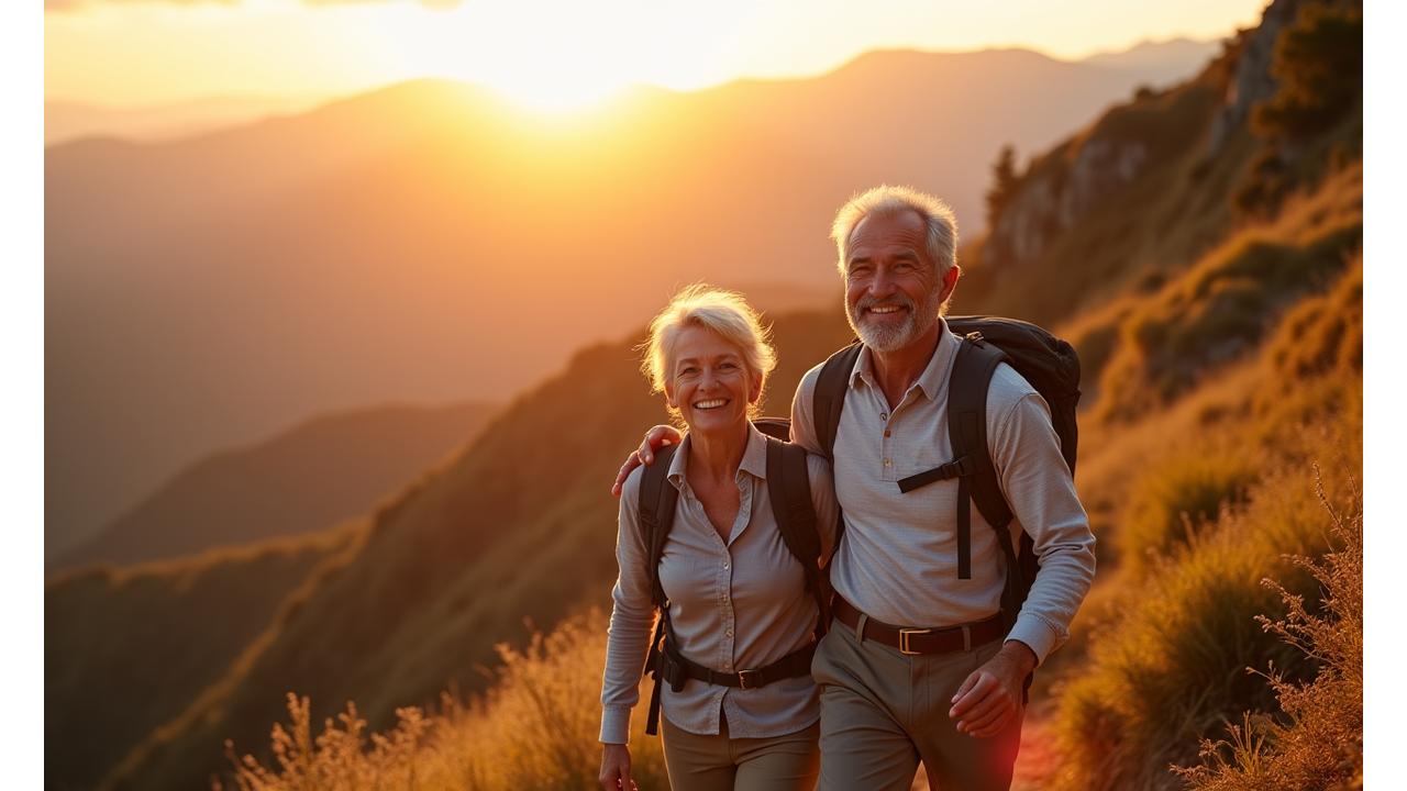 Vibrant couple in their 50s hiking with clear blue skies, symbolizing health and freedom