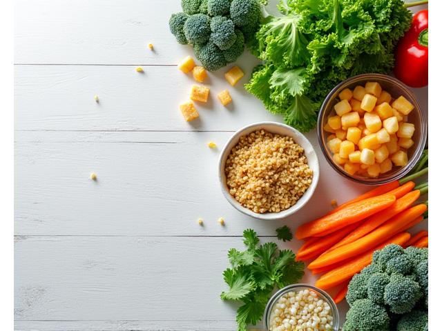 A balanced, vibrant meal prep spread with fresh vegetables, lean protein, and healthy grains, emphasizing gut health.