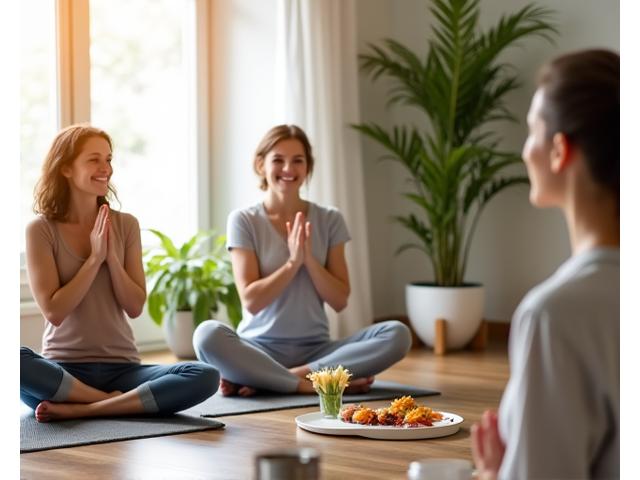 Diverse group of adults 35+ engaged in mindful, realistic wellness activities like gentle yoga, preparing healthy food, and journaling in a bright, modern setting.