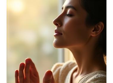 Person meditating peacefully, representing stress reduction.