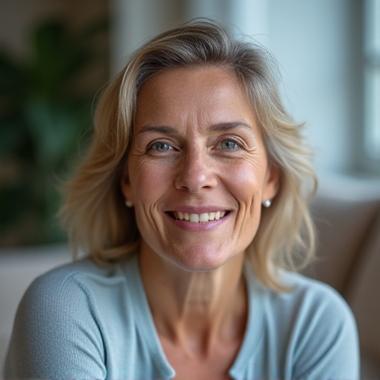 Jennifer, 45, peaceful and rested, demonstrating improved sleep and reduced stress.