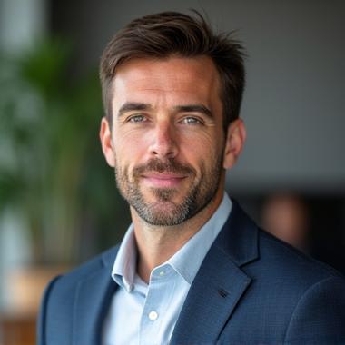 Michael, 38, looking refreshed and focused at his tech executive desk.