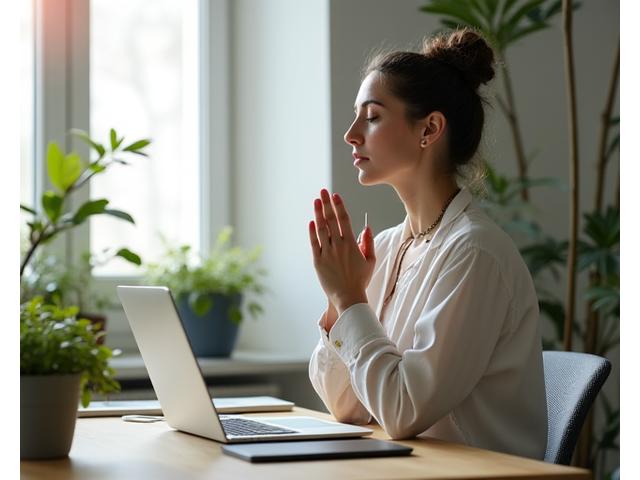 A professional in a modern office setting taking a mindful break, focusing on stress reduction and ergonomics.