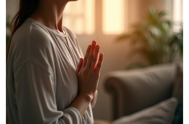 Person demonstrating a breathing exercise with hands resting gently, conveying tranquility
