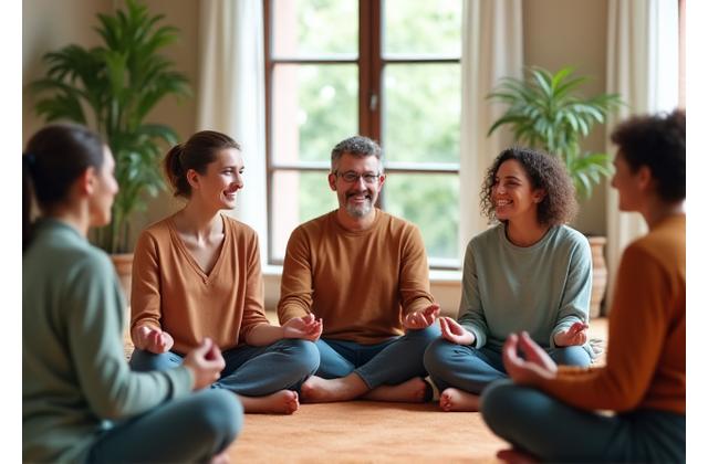Diverse group of adults participating in a calm, guided meditation session, fostering community