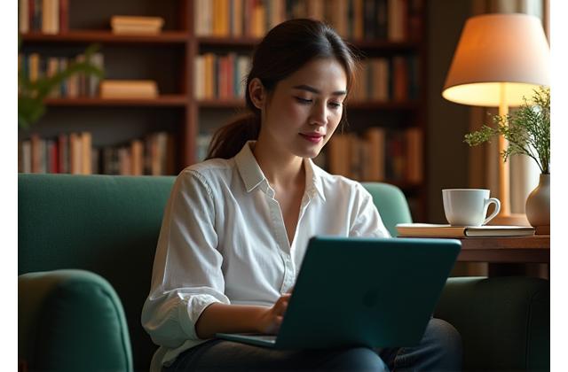 Person thoughtfully interacting with a tablet, symbolizing mindful use of technology in a peaceful setting