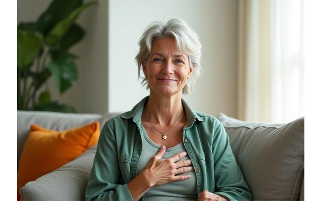 Woman performing gentle meditation with soft light, representing calm and focus for adults 35+