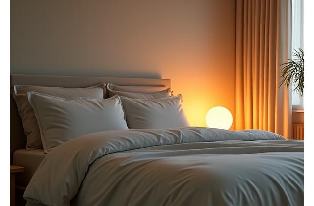 Serene bedroom scene with warm lighting, suggesting restful sleep and mental recovery