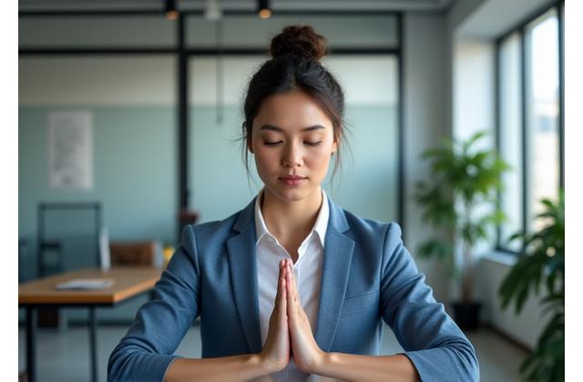 Professional woman practicing a quick mindfulness exercise at her desk, demonstrating office-friendly relaxation