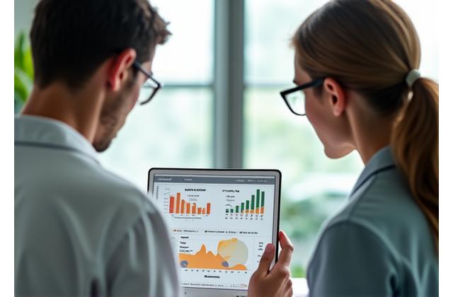 A wellness coach guiding a client through progress data on a tablet during a weekly check-in session, emphasizing data-driven adjustments.