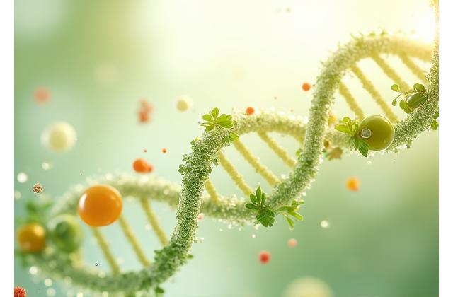 Stylized representation of DNA strands intertwining with food items and a person exercising, symbolizing genetic predisposition for personalized nutrition.
