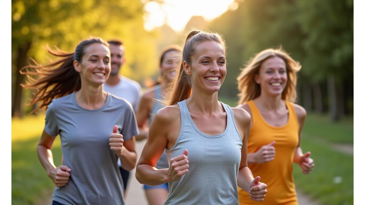 A diverse group of adults aged 35-50 looking vibrant and energetic, smiling confidently after achieving wellness goals, with a subtle digital overlay showing positive health metrics.
