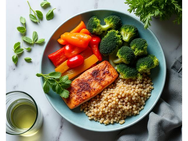 A vibrant, well-balanced meal featuring colorful vegetables, lean protein, and healthy grains on a neatly arranged table