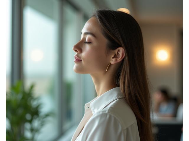A professional looking calmly reflective, perhaps meditating or deep breathing, in a modern, uncluttered office space, symbolizing mental resilience and stress management.