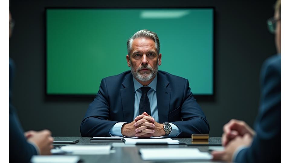 A distinguished executive maintaining composure and focus during a high-stakes meeting, embodying wellness as a catalyst for leadership.