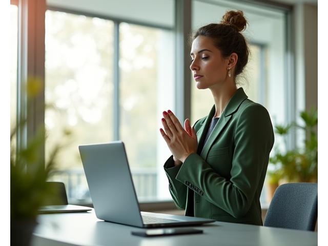 Executive confidently integrating wellness into a busy workday, looking refreshed and focused.