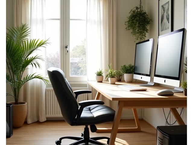 A thoughtfully organized hybrid home office setup, blending ergonomic furniture, natural light, and green plants, symbolizing balance and productivity.