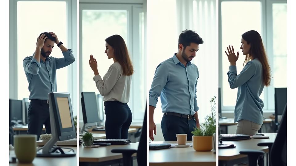 A collage of diverse professionals engaging in quick, subtle micro-breaks at their desks: one stretching, another doing eye exercises, deep breathing, and standing up with good posture.