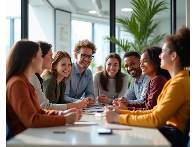 A diverse team of professionals smiling and collaborating in a modern office, engaged in a positive, supportive work environment, symbolizing a strong wellness culture.